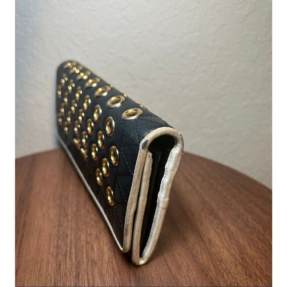 Miu Miu Leather Long Wallet Deep Navy Gold Grommet Studded Edgy Biker Alt Grunge - Picture 5 of 8